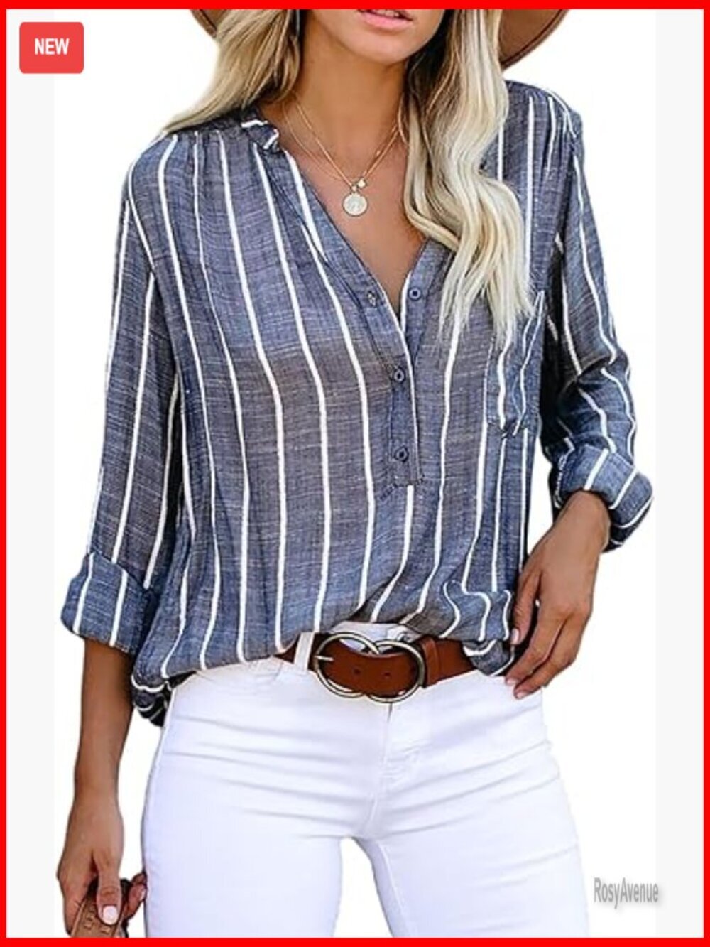 V Neck Striped Roll Up Sleeve Button Down Blouse Tunic